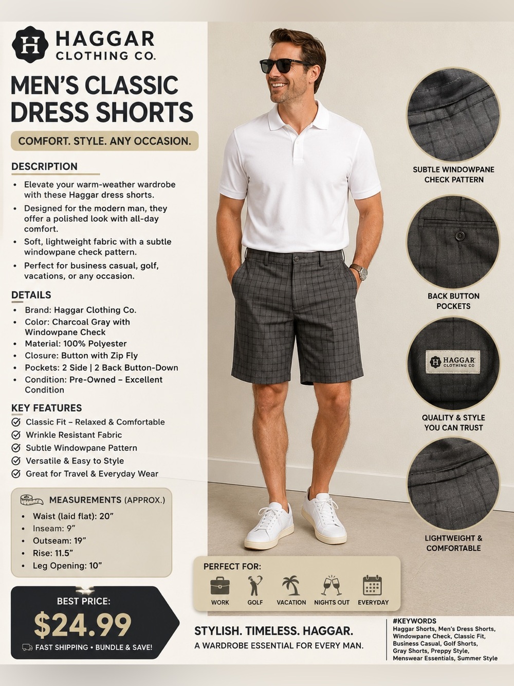 Haggar Charcoal Windowpane Flat-Front Shorts
